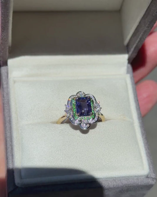 Evelyn Tanzanite and Tsavorite Garnet Cluster Ring