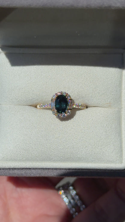 Teal Sapphire and Diamond Ring